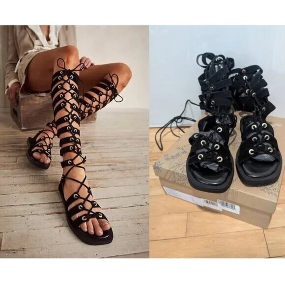 NWT Free People | Sun Chaser Tall Gladiator Sandal in Black Suede (38/US 7.5) - Picture 1 of 14